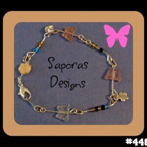 Silver Tone Handmade Bracelet With Butterfly Flowers Bell & Beads